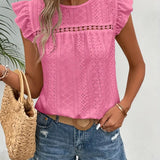Blusa de mujer - Bordado inglés - Mangas con volantes - Corte holgado - Cuello redondo