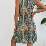 Vestido de mujer - Espalda abierta - Corte en A - Elegante estampado bohemio - Largo hasta la rodilla