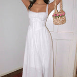 Elegante y sexy vestido largo de encaje liso con tirantes finos y corsé, color liso.