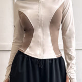 Chaleco con cremallera y cuello alto, corte entallado, bloques de color, chaqueta para pilates/running