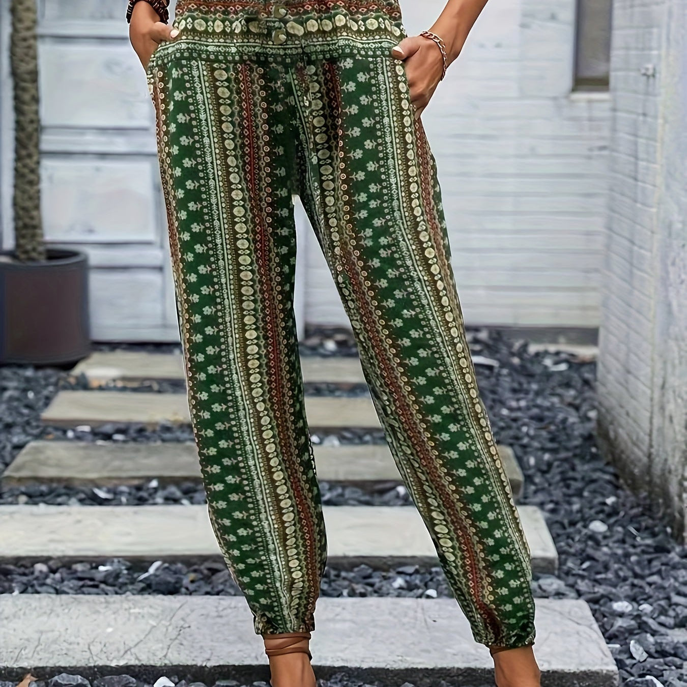 Pantalones de mujer - Tejido ligero - Cintura alta fruncida - Vueltas elásticas
