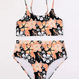 Bikini para mujer – Cintura alta – Estilo camiseta de tirantes – Estampado floral – Tejido transpirable