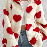 Abrigo extragrande con cremallera, mangas largas y estampado de corazones esponjosos
