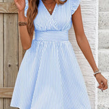 Vestido de mujer - Escote cruzado - Mangas con volantes - Cintura ajustada - Falda acampanada