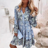 Vestido de mujer – Corte fluido y evasé – Estampado floral – Mangas largas – Tejido transpirable