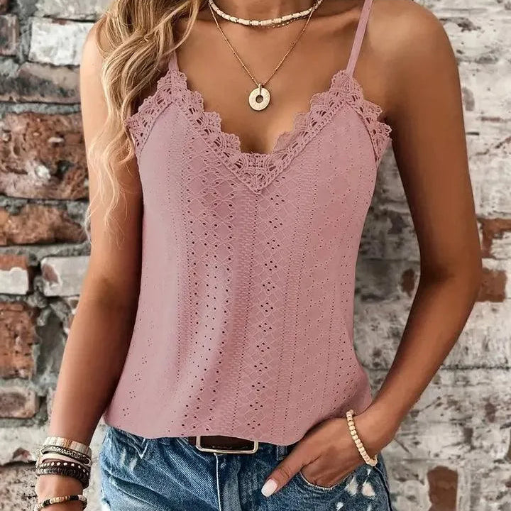 Camisola para mujer - Encaje en contraste - Cuello en V - Tirantes ajustables