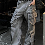 Vaqueros cargo lavados con múltiples bolsillos, estilo streetwear