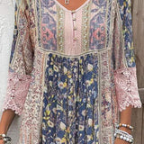 Vestido de mujer - Estilo bohemio - Mangas 3/4 con ribete de encaje - Cuello en V abotonado - Corte fluido