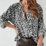 Blusa de mujer – Corte holgado – Tejido transpirable – Estampado de leopardo – Mangas abullonadas