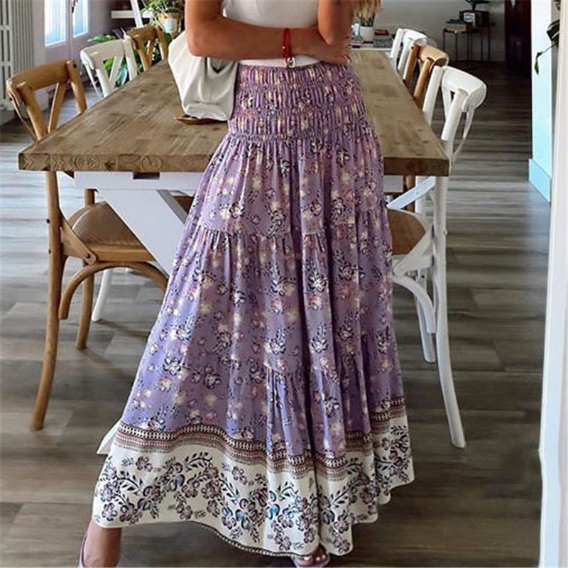 Falda larga bohemia para mujer - Cintura elástica - Corte fluido - Estampado floral