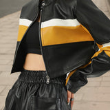 Chaqueta corta de PU con bloques de color