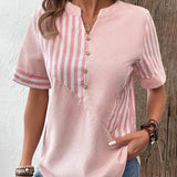 Blusa de mujer - Algodón ligero - Cuello en V redondo con abertura - Mangas cortas - Estilo casual