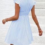 Vestido de mujer - Escote cruzado - Mangas con volantes - Cintura ajustada - Falda acampanada