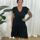 Vestido de mujer – Corte informal – Mangas con volantes – Cuello en V – Botones y cintura ajustable