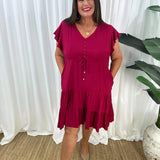 Vestido de mujer – Corte informal – Mangas con volantes – Cuello en V – Botones y cintura ajustable