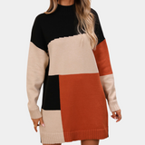 Vestido de punto para mujer - Tejido - Corte holgado - Cuello alto - Diseño patchwork