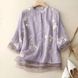 Blusa de mujer – Corte holgado – Fibras naturales – Bordado floral – Mangas 3/4