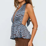 Blusa halter con estampado de cebra retro y cintura atada