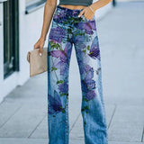 Pantalón de mujer – Talle alto – Corte recto – Detalles desgastados – Estampado floral 3D
