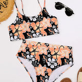 Bikini para mujer – Cintura alta – Estilo camiseta de tirantes – Estampado floral – Tejido transpirable