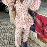 Conjunto de dos piezas con pantalón rosa estampado Peter Pan, largo 7/8, ideal para la oficina