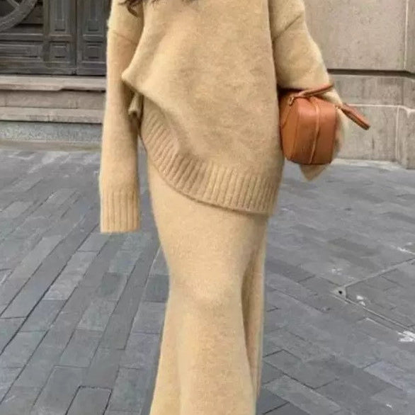Conjunto de dos piezas: jersey de punto casual con cuello en V y falda sirena.