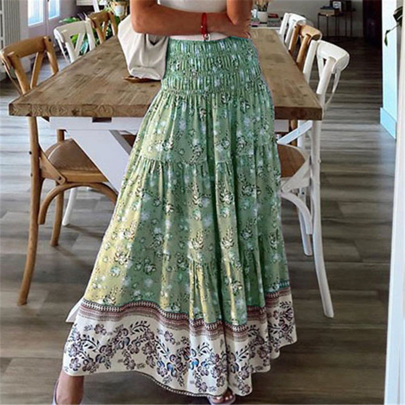 Falda larga bohemia para mujer - Cintura elástica - Corte fluido - Estampado floral