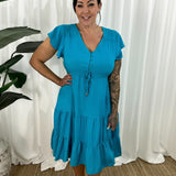 Vestido de mujer – Corte informal – Mangas con volantes – Cuello en V – Botones y cintura ajustable
