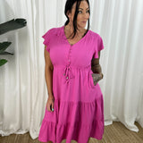 Vestido de mujer – Corte informal – Mangas con volantes – Cuello en V – Botones y cintura ajustable