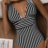 Traje de baño de rayas sin espalda para mujer: cómodo y elástico
