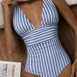 Traje de baño de rayas sin espalda para mujer: cómodo y elástico