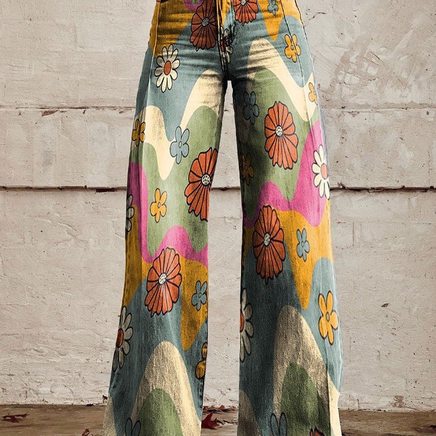Pantalón ancho de mujer – Cintura alta – Estampado floral – Corte holgado – Tejido estructurado