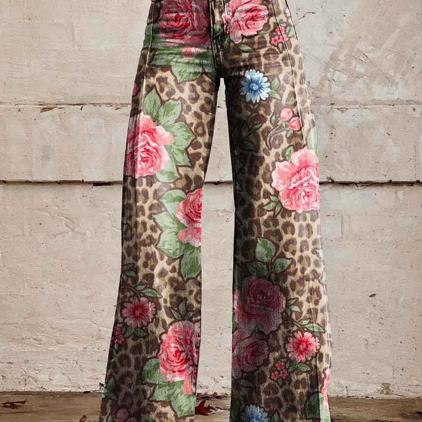 Pantalón ancho de mujer – Cintura alta – Estampado floral – Corte holgado – Tejido estructurado