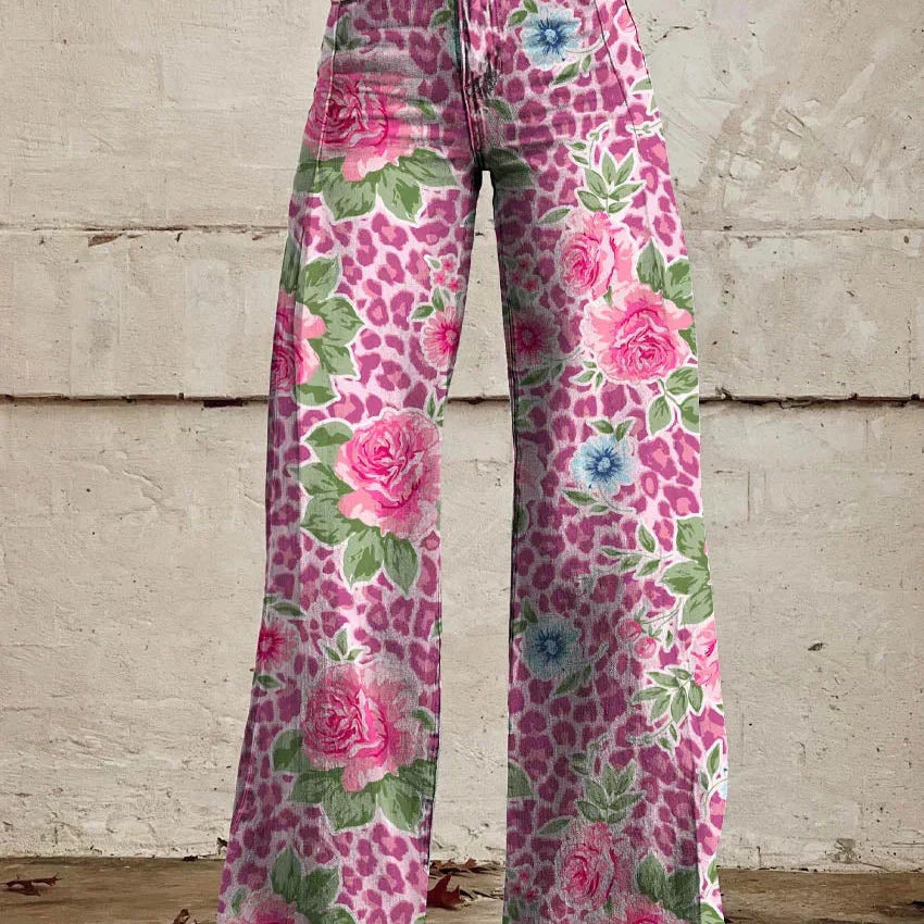 Vaqueros de mujer – Cintura alta – Pierna ancha – Estampado floral – Corte relajado