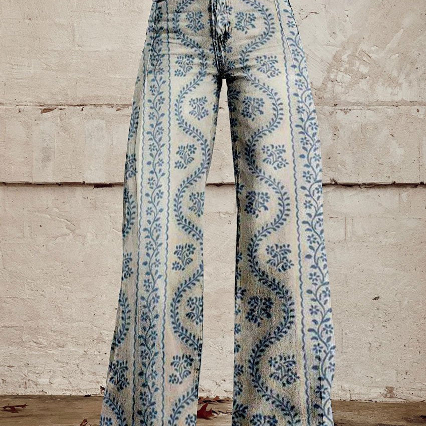 Pantalón ancho de mujer – Cintura alta – Estampado floral – Corte holgado – Tejido estructurado