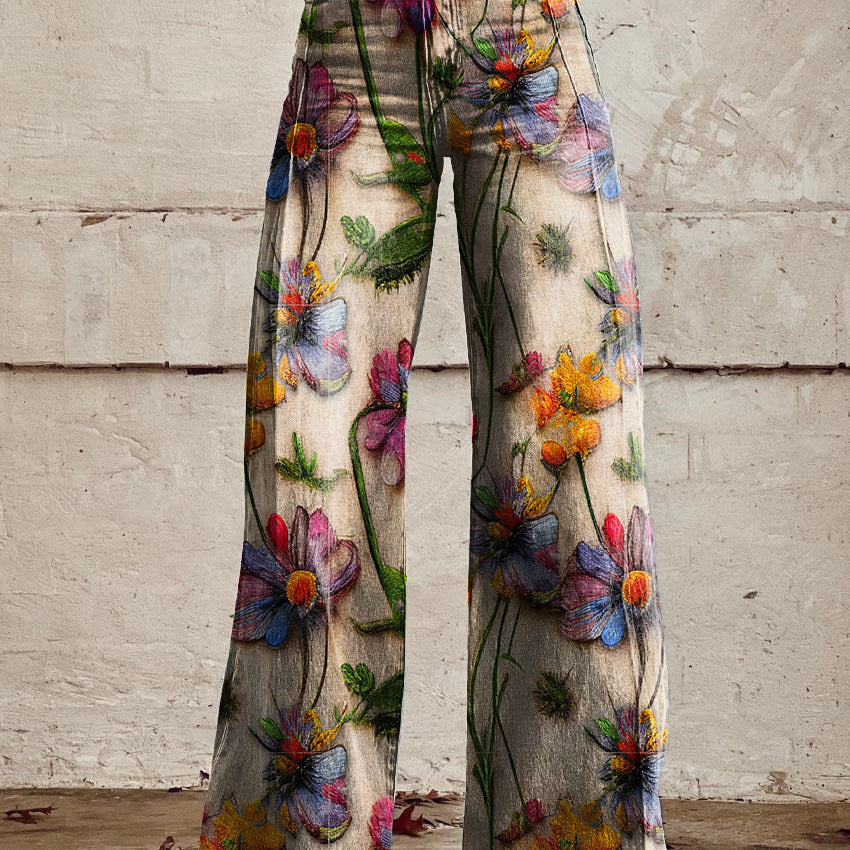 Pantalón ancho de mujer – Cintura alta – Estampado floral – Corte holgado – Tejido estructurado