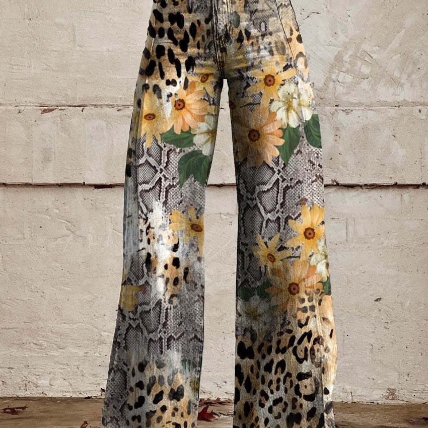 Pantalón ancho de mujer – Cintura alta – Estampado floral – Corte holgado – Tejido estructurado