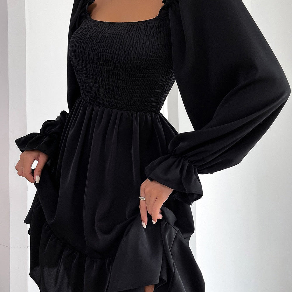 Vestido de mujer - Corte en A - Mangas largas abullonadas - Escote cuadrado - Fruncido