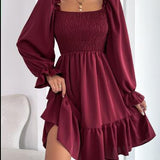 Vestido de mujer - Corte en A - Mangas largas abullonadas - Escote cuadrado - Fruncido