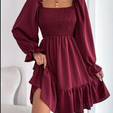 Vestido de mujer - Corte en A - Mangas largas abullonadas - Escote cuadrado - Fruncido