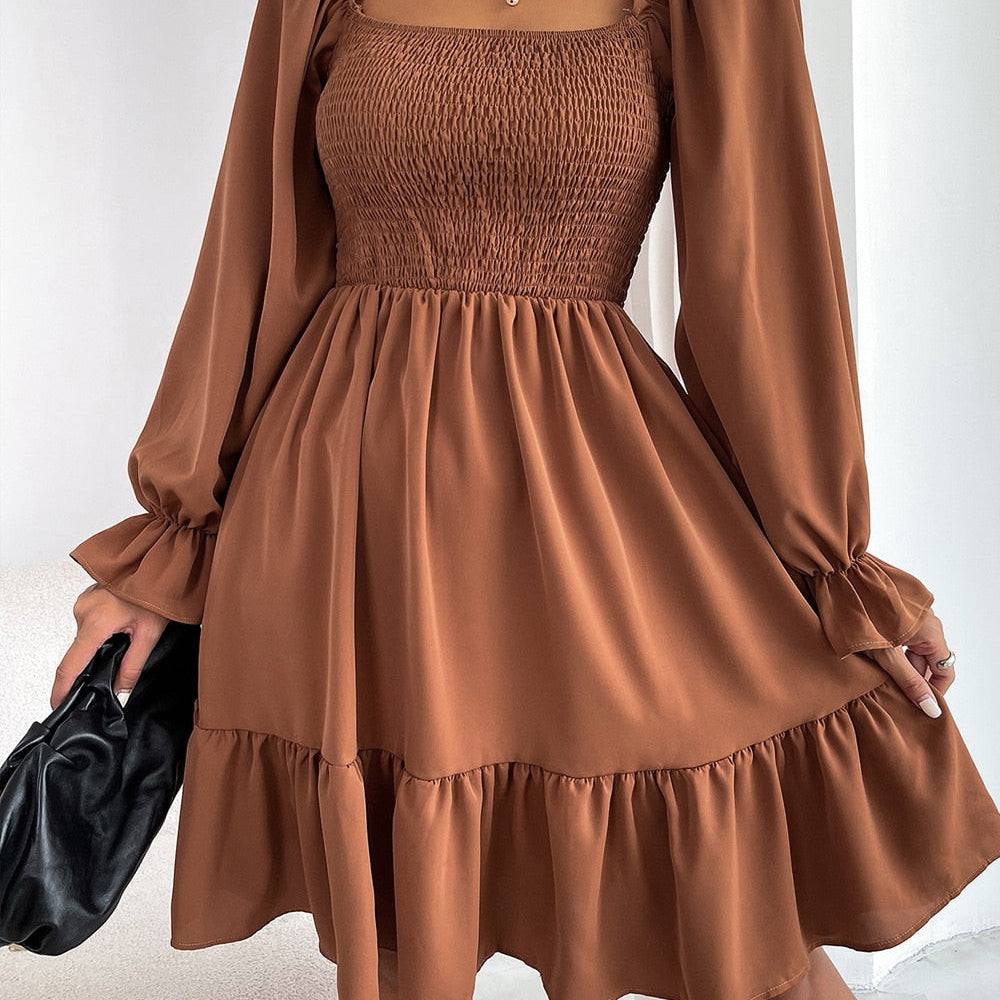 Vestido de mujer - Corte en A - Mangas largas abullonadas - Escote cuadrado - Fruncido