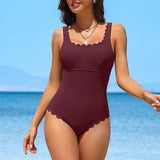 Traje de baño de una pieza para mujer – Tejido elástico acanalado – Escote en U – Ribete festoneado