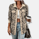 Camisa de mujer - Pana - Corte holgado - Cuello en punta - Estampado de leopardo