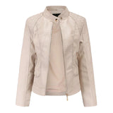 Chaqueta de cuero para mujer – Corte entallado – Hombros acolchados – Cuello alto – Bolsillos con cremallera