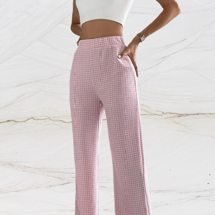 Pantalones de cintura alta para mujer - Corte recto y holgado - Elegante estampado de pata de gallo