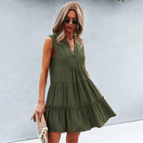 Vestido sin mangas para mujer - Corte acampanado - Volantes de moda - Cuello en V fluido