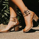 Zapatos de salón para mujer – Tacón cuadrado estable – Punta redonda – Correa de tobillo con doble hebilla