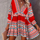 Vestido bohemio para mujer - Mangas largas - Cuello en V - Cintura ajustada - Corte fluido