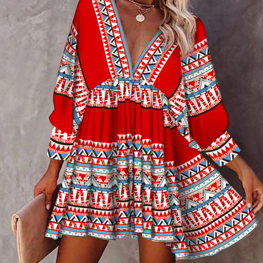 Vestido bohemio para mujer - Mangas largas - Cuello en V - Cintura ajustada - Corte fluido