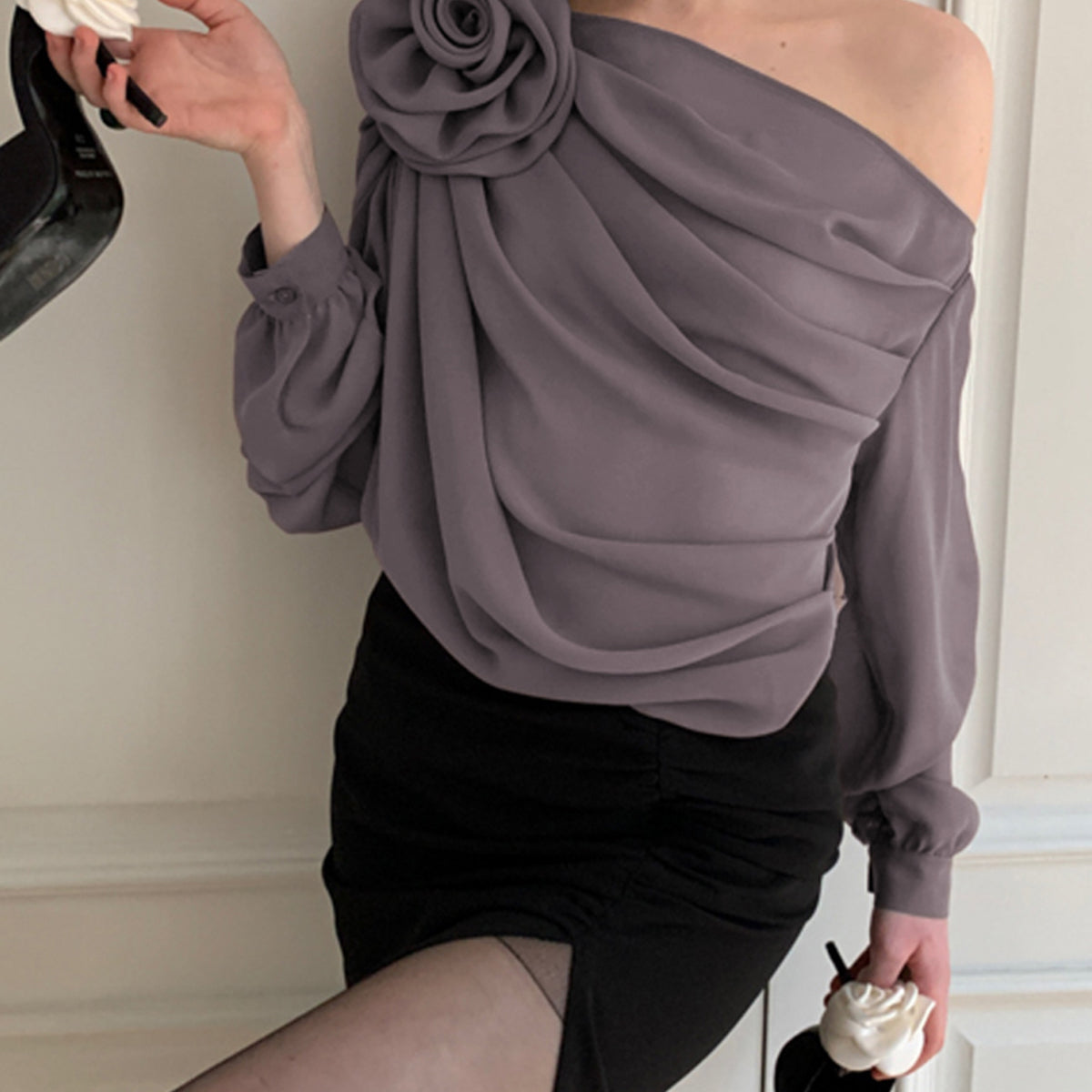 Blusa de mujer - Un hombro asimétrico - Drapeado elegante - Mangas largas fluidas